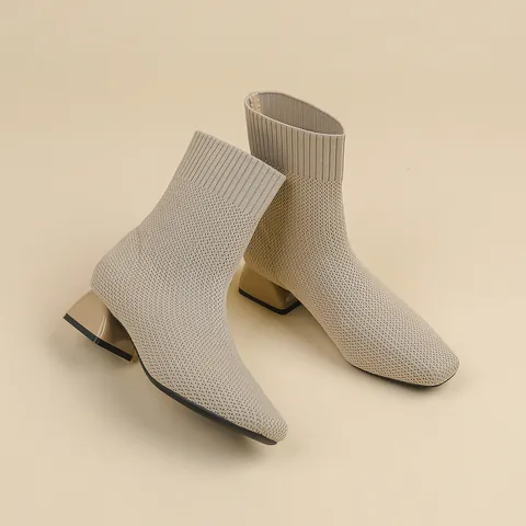 Bottines à Bout Carré pour Femmes Maille Tricotée Respirante Talon Bloc Slip-on Sock Boots Chaussures de Mode Décontractées