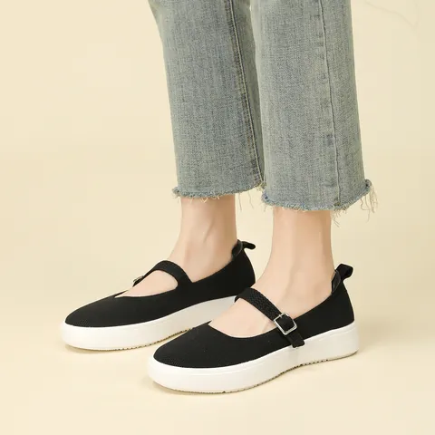 Women Breathable Flyknit Mesh Mary Jane Shoes Adjustable Buckle Strap Soft Platform Sole Anti-slip Casual Nurse Flat Shoes