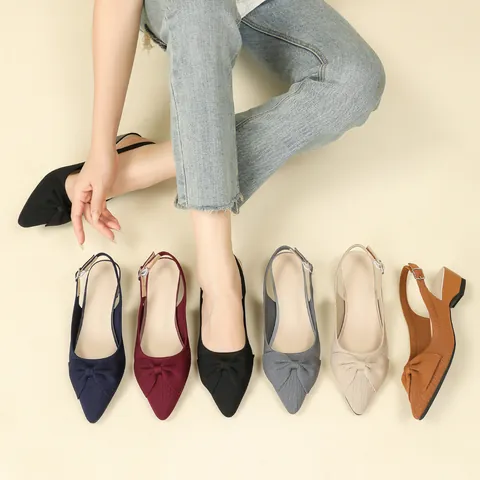 French Knitted Pointed Toe Slingback Wedge Heels Rubber Sole For Women Bow Decor Elegant Commuter Closed Toe Pumps