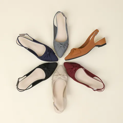 French Knitted Pointed Toe Slingback Wedge Heels Rubber Sole For Women Bow Decor Elegant Commuter Closed Toe Pumps