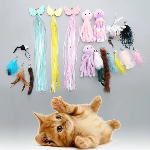 Cat Teaser Wand Replacement Heads Collection Interactive Plush Feather Toy Attachments With Bells For Indoor Cat Play
