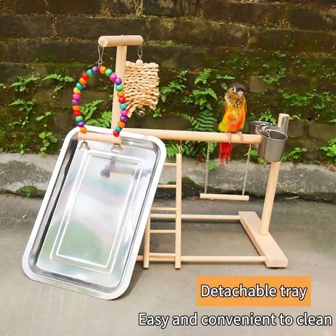 Wooden Bird Playground Stand With Stainless Steel Tray Cups Ladder Swing Natural Pine Perch Gym Toy For Parrot Parakeet Cockatiel