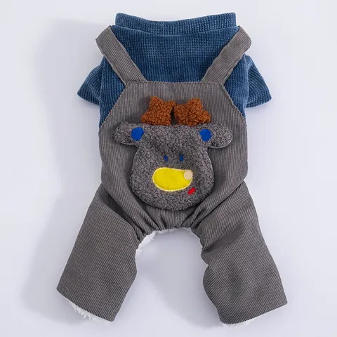 Autumn Winter Reindeer Pet Dog Clothes Warm Four Legged Romper Overalls For Small Dogs Cats Puppy Teddy Navy Blue Gray Corduroy