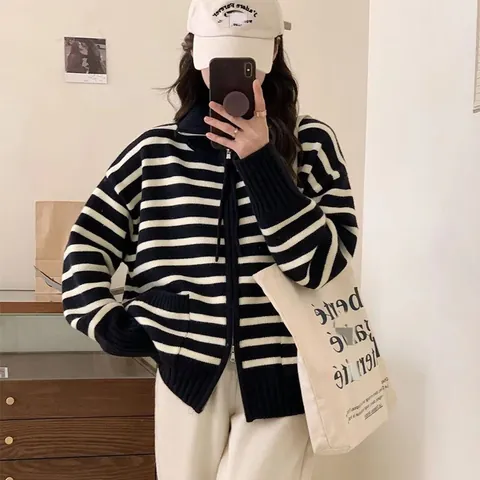 Cárdigan de Punto a Rayas para Mujer Poliéster Spandex Cremallera Solapa Bolsillo Suelto Casual Estilo Coreano Otoño Invierno Suéter Abrigo