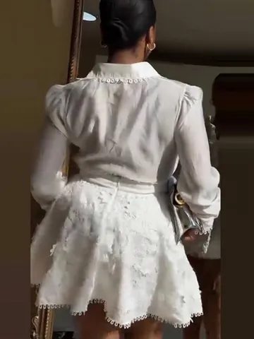 Women Top And Bottom Set White Long Sleeve Button Shirt And Floral Lace Mini Skirt Summer Elegant Commuter Fashion Clothing