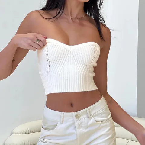 Women Sexy Ribbed Knitted Tube Top White Sleeveless Hollow Out Cropped Bandeau Top For Summer Streetwear Casual Outer Wear