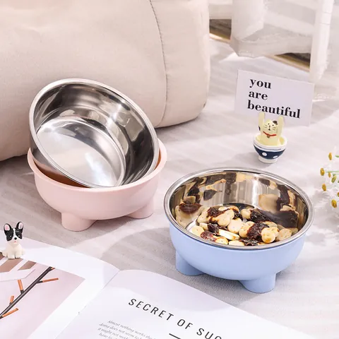 Elevated Stainless Steel Pet Bowl Non-Slip Double Layer Dog Cat Food Water Dish Easy To Clean Macaron Style Plastic Shell Pet Feeding Supplies