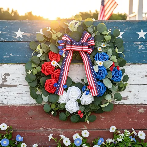 Independence Day Wreath Red White Blue Roses Eucalyptus Leaves Stars Stripes Bow Fourth Of July Front Door Hanging Decoration Patriotic Flower Garland