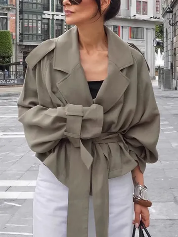 Women's Elegant Big Lapel Lace Up Trench Coat Autumn Casual Loose Sage Green Short Jacket Windbreaker Polyester Top