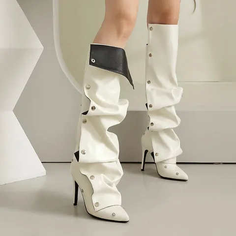 Mode Spitze Zehe Pfennigabsatz Slouch Stiefel Für Damen Nieten Dekor Hosenbein Kniehohe Stiefel Kunstleder Große Größen Schicke Party Schuhe