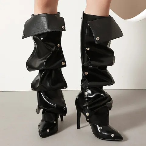 Mode Spitze Zehe Pfennigabsatz Slouch Stiefel Für Damen Nieten Dekor Hosenbein Kniehohe Stiefel Kunstleder Große Größen Schicke Party Schuhe
