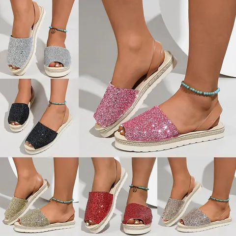 Women Sequin Peep Toe Flat Sandals Sparkly Slingback Summer Beach Espadrille Soft Sole Plus Size Outdoor Casual Comfort Shoes