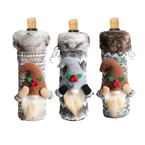 Funda para Botella de Vino Gnomo de Navidad Tomte Nórdico en Punto Decoración para Mesa de Fiesta de Navidad