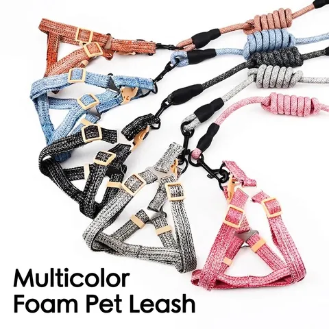 Morandi Pet Leash Harness Set Foam Handle Comfortable Linen Texture Polyester Round Rope Adjustable For Dogs Outdoor Walking