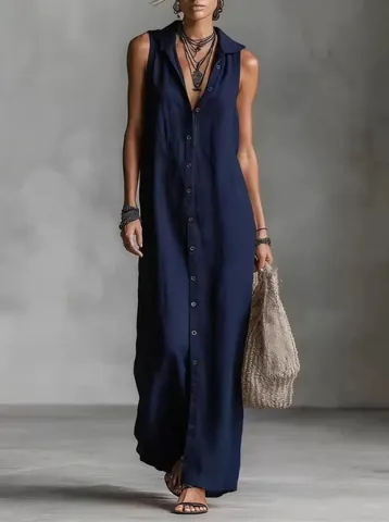 Women Sleeveless Hooded Maxi Dress Button Down Cotton Linen Casual Loose Long Sun Dress Vacation A-Line Solid Color Robe