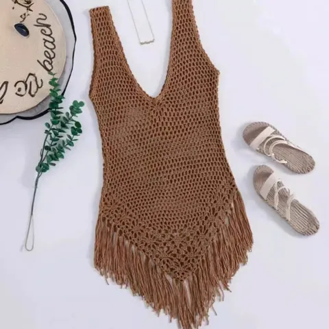 Bohemian Hand Crochet Beach Bikini Cover Up Hollow Knit Tassel V Neck Sleeveless Summer Vacation Sun Protection Top