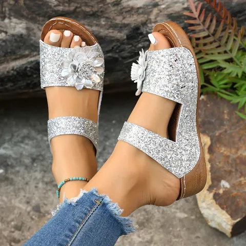 Damen Keilabsatz Blumen Hausschuhe Plüsch Glitzer Offene Zehen Sommer Casual Strand Fashion Pantoletten Plateau Sandalen