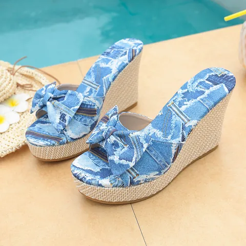 Damen Sommer Plateau Keilsandalen Gepunktete Schleife Denim Espadrille Geflochtene Absatz Sandalen Für Strandurlaub