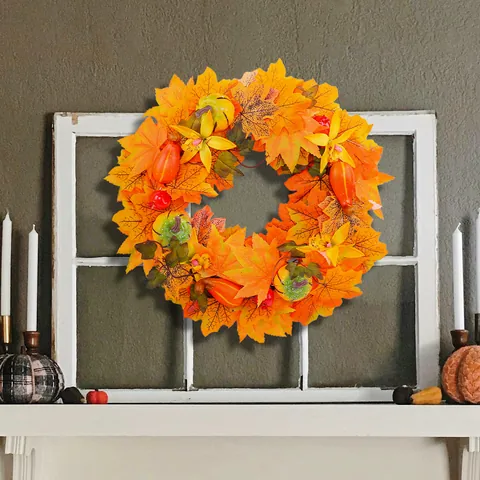 Halloween Autumn Maple Leaf Pumpkin Wreath Artificial Harvest Thanksgiving Front Door Hanging Garland Holiday Home Decor