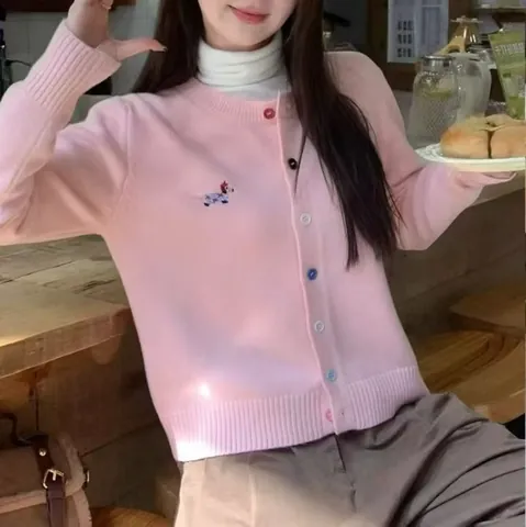 Korean Style Women Early Autumn Cotton Blend Knit Cardigan With Colored Buttons And Dog Embroidery Loose Lazy Sweater Top