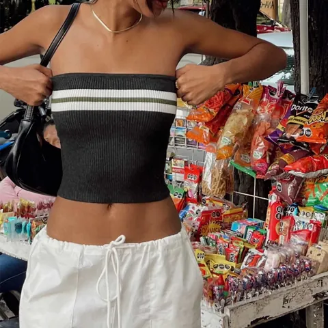Women's Striped Knit Tube Top Sexy Ribbed Bandeau Crop Top Sleeveless Contrast Color Streetwear Summer Slim Fit Tube Top