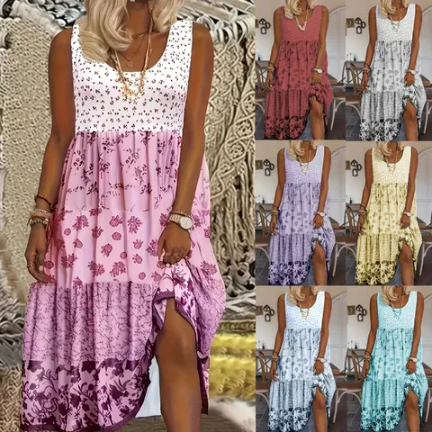 Women Round Neck Sleeveless Floral Print Maxi Dress Sweet Bohemian Tiered Layered Splicing Summer Holiday Sun Dress