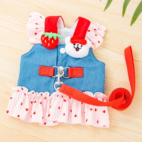 Cartoon Denim Pet Harness Dress With Leash For Small Dogs Cats Cute Heart Pattern Princess Pet Vest Harness Set