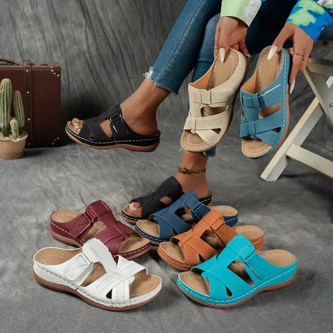 Women Casual Wedge Platform Hollow Out Sandals Synthetic Leather Rubber Sole Striped Summer Slip On Slides Outdoors Shoes