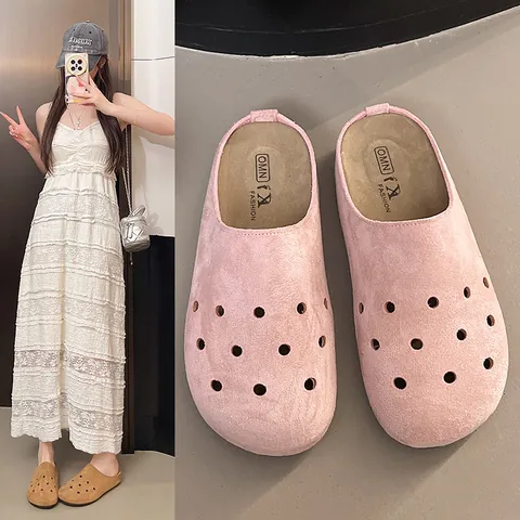 Zoccoli Boston con Plateau Casual da Donna in Finta Pelle Scamosciata Punta Tonda Perforata Mules Comode Scarpe Estive All'aperto