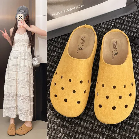 Zoccoli Boston con Plateau Casual da Donna in Finta Pelle Scamosciata Punta Tonda Perforata Mules Comode Scarpe Estive All'aperto