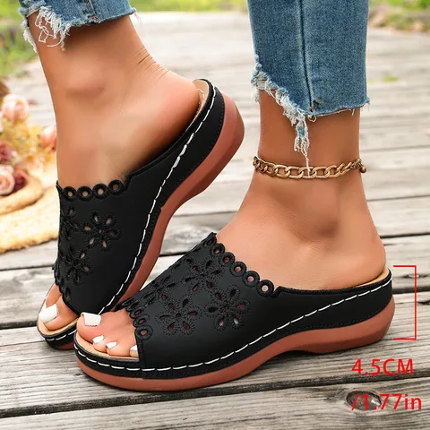 Women Peep Toe Wedge Sandals Platform Slides PU Leather Floral Cutout Thick Sole Summer Casual Western Fashion Slippers