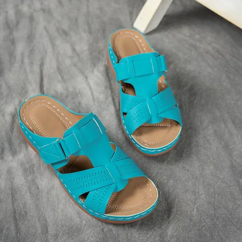 Women Casual Wedge Platform Hollow Out Sandals Synthetic Leather Rubber Sole Striped Summer Slip On Slides Outdoors Shoes