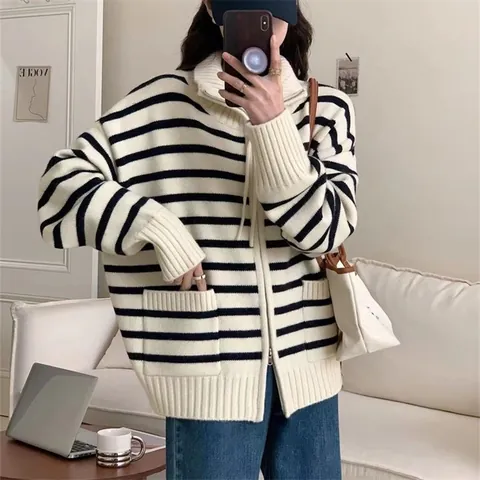Cárdigan de Punto a Rayas para Mujer Poliéster Spandex Cremallera Solapa Bolsillo Suelto Casual Estilo Coreano Otoño Invierno Suéter Abrigo