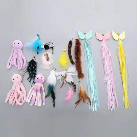 Cat Teaser Wand Replacement Heads Collection Interactive Plush Feather Toy Attachments With Bells For Indoor Cat Play