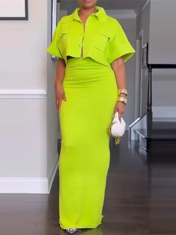Women Elegant Solid Color Top And Bottom Commute Summer Short Sleeve Cropped Jacket And High Waist Maxi Skirt Set