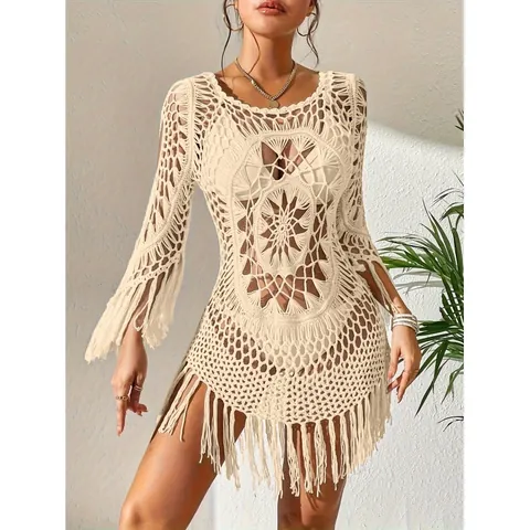 Boho Häkel Strand Überwurf Kleid Für Damen Hohl Sonnenblume Muster Lange Quasten Saum Sommer Badeanzug Strickjacke