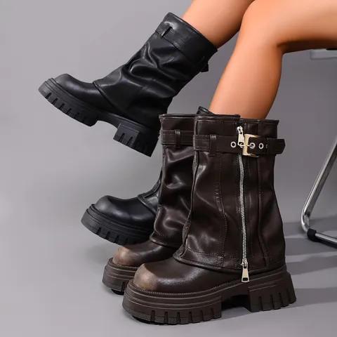 Women's Slouchy Motorcycle Boots Vintage Square Toe Mid-Calf Cowboy Boots Platform Side Zipper Buckle Winter Shoes