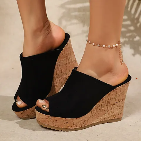 Damen Peep Toe Keilsandaletten Plateau High Heels Kork Textur Slip On Sommer Mode Pantoletten Plateau Mules Schuhe