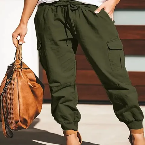 Women Casual Solid Color Cargo Pants Fashion High Waist Drawstring Multi Pocket Jogger Pants Comfortable Cotton Bottoms