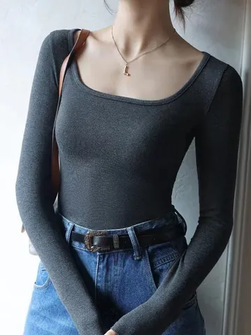 Maglietta da Donna a Maniche Lunghe a Costine Scollo Quadrato Vestibilità Aderente Top Base Autunno Casual Poliestere