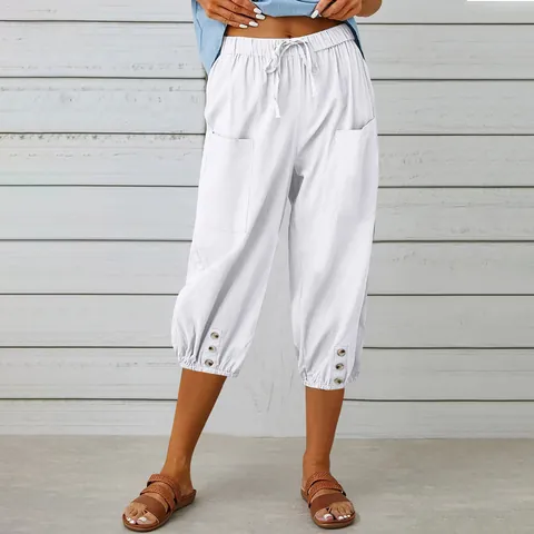 Women's Casual Cotton Linen Capri Pants High Waist Drawstring Loose Tapered Trousers With Button Hem Pockets