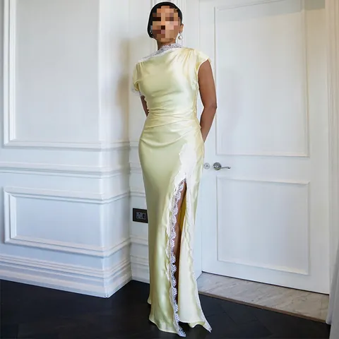 Elegant Women Satin Lace Patchwork Maxi Dress Cheongsam Collar High Split Sleeveless Slim Fit Polyester Long Evening Banquet Dress