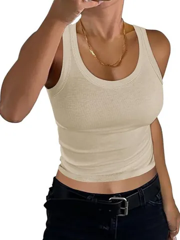 Damen Scoop-Ausschnitt Rippstrick Tank Top Slim Fit Ärmellos Elastisch Basic Sommer Weste Polyester Elasthan Lässiges Top