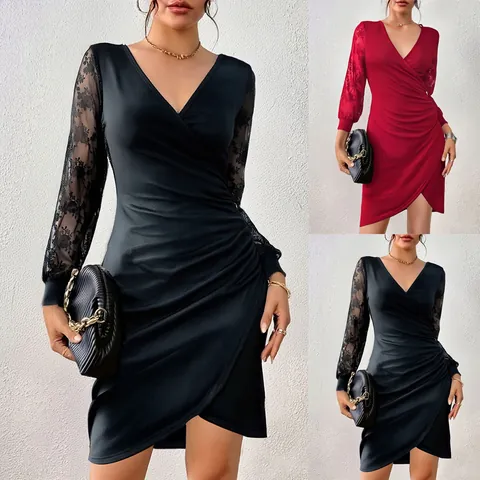 Women Sexy V-Neck Lace Long Sleeve Ruched Midi Bodycon Dress Elegant Polyester Spandex Wrap Pencil Dress For Party Evening