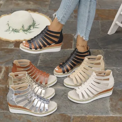 Dames Gladiatorsandalen Synthetisch Leer Casual Plat Plateau Romeinse Schoenen Met Rits Aan De Achterkant Open Teen Effen Kleur Zomer Sandalen