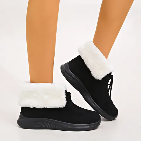 Damen Low Cut Schneestiefel Mit Kunstfell Umschlagmanschette Schnürung Warm Dicke Sohle Winter Outdoor Casual Baumwollschuhe