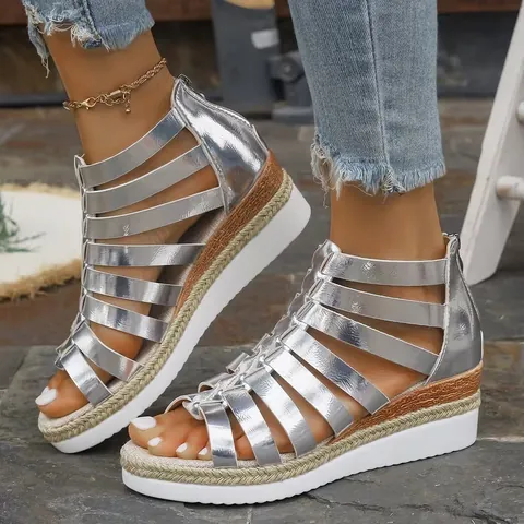 Dames Gladiatorsandalen Synthetisch Leer Casual Plat Plateau Romeinse Schoenen Met Rits Aan De Achterkant Open Teen Effen Kleur Zomer Sandalen