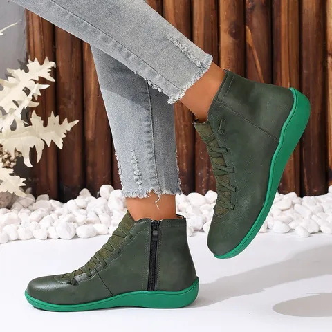 Bottines Martin Style Britannique pour Femmes avec Fermeture Éclair Latérale et Lacets Bottines Décontractées Automne Hiver Cuir