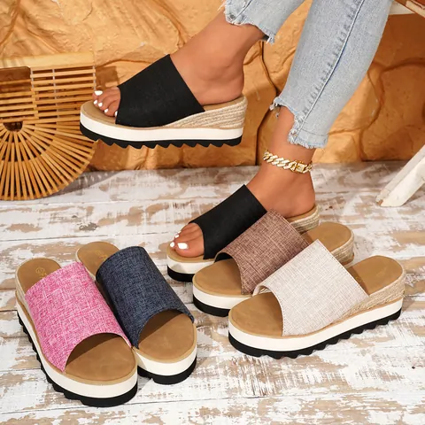 Women Casual Wedge Slippers Denim Fabric One-Strap Platform Sandals Espadrille Bohemian Summer Beach High Heel Slides Fashion Outdoor Footwear