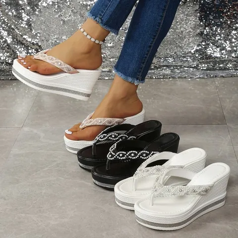 Sandalias de Dedo para Mujer con Cuña y Plataforma Diamantes de Imitación Perlas Artificiales Moda Suela Gruesa Zapatos de Playa Casuales